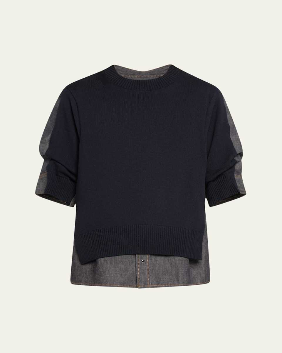 Mixed-Media Denim Knit Top
